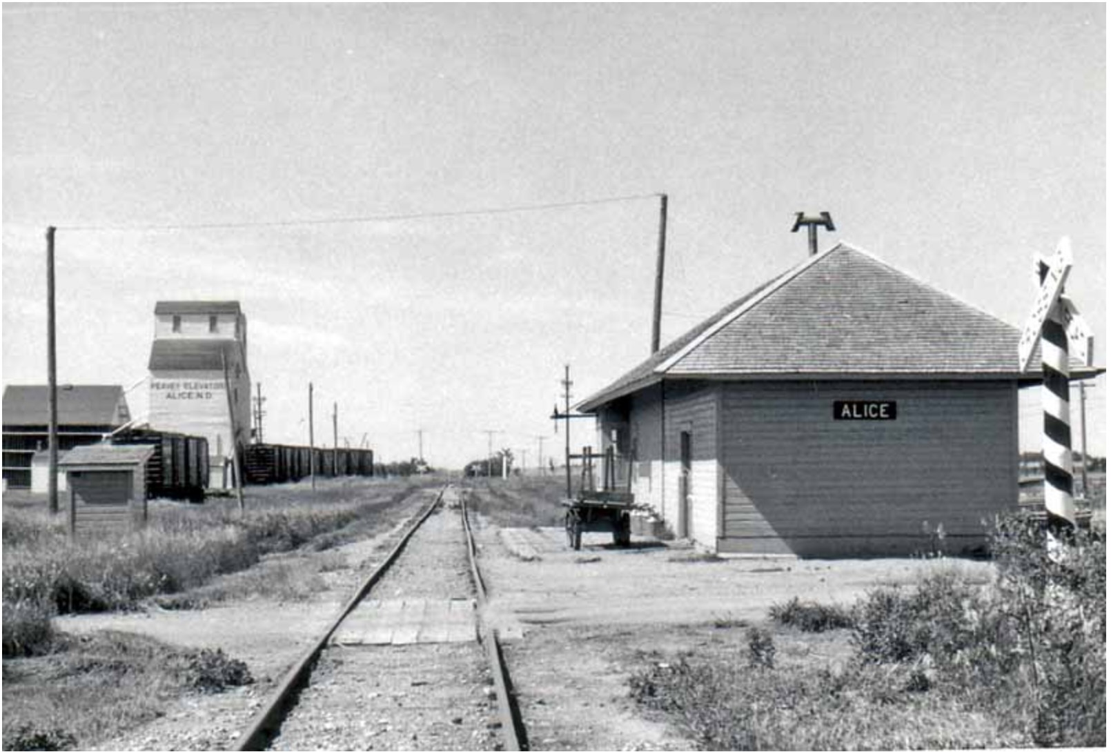 The Northern Pacific depot at Alice, North Dakota, beside railroad tracks leading toward the horizon, with the Peavey elevator and an outhouse to the left.