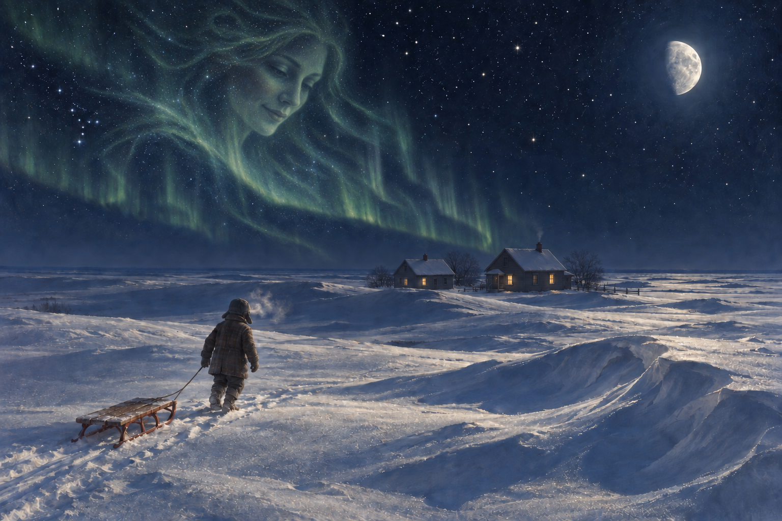 A boy pulls his sled across moonlit prairie snow toward two houses with warm windows, beneath the Northern Lights, where a translucent Lady Winter watches him with a gentle smile.