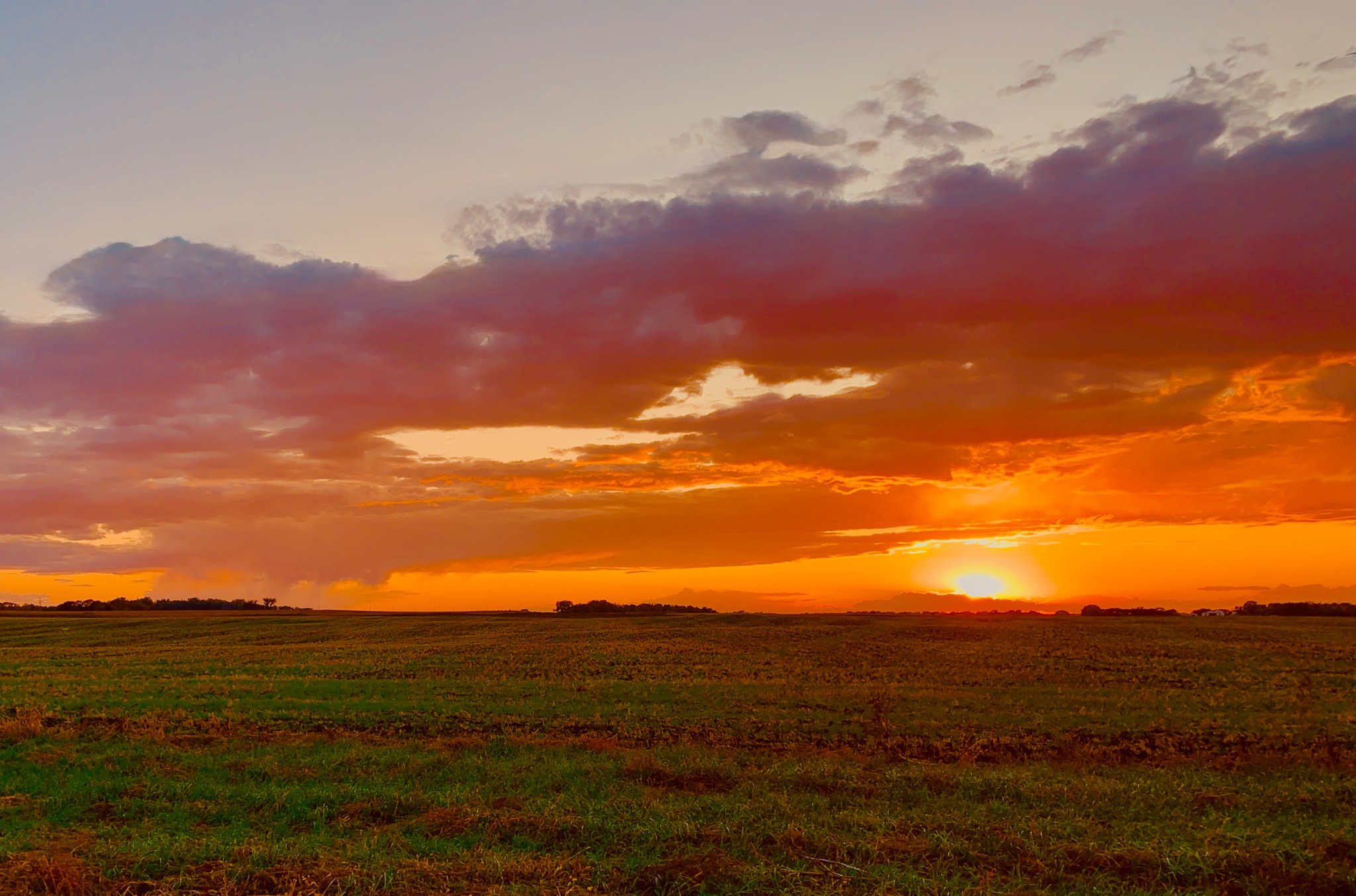 Open fields beneath a broad orange sunset and sweeping clouds.