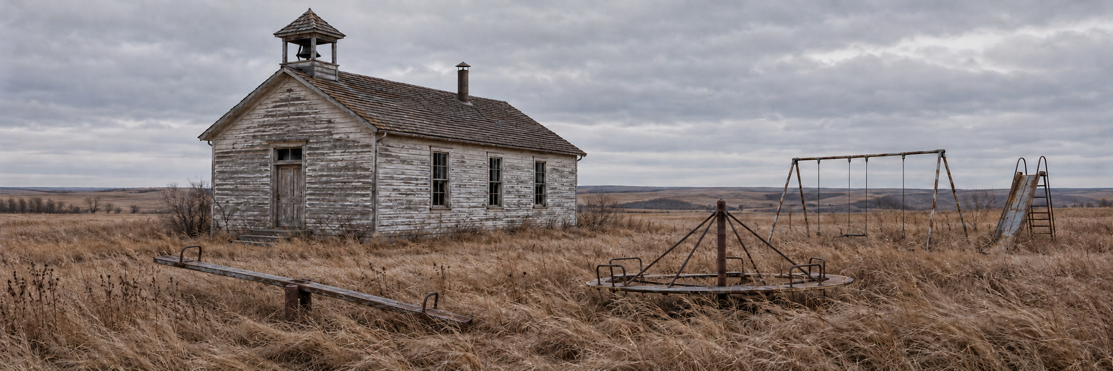 An imagined one-room school with an intact belfry and worn playground equipment amid open prairie grass.